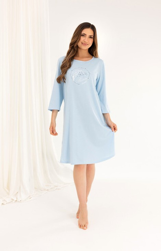 Бавовняна нічна сорочка 167 — рукав 3/4, принт, розкльошений низ-синій