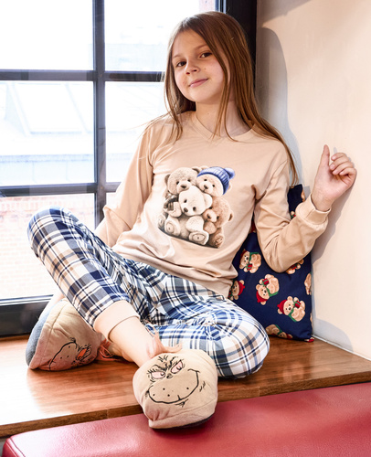 Піжама Cornette Bears для дівчаток 594/187 592/187 | Бавовна, з ведмедиками, довгий рукав, штани в клітинку