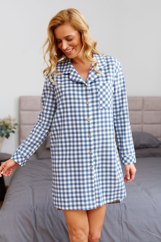 Нічна сорочка з бавовни 7300 – довгий рукав, гудзики, комфорт - синій