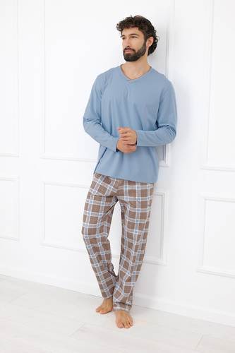 Italian Fashion Dante чоловіча бавовняна піжама, довга, штани в клітинку, сталевого кольору