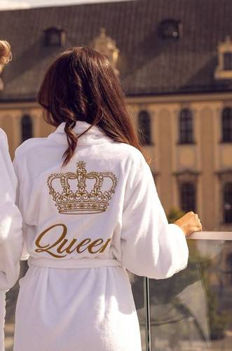 Queen + Korona Халат жіночий флісовий ByShelly -білий/золотистий