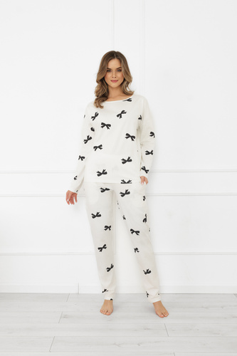 Піжама жіноча Figaro Italian Fashion, - екрю, довгий рукав + штани, бавовна, з бантиками