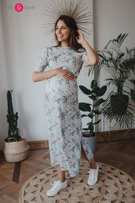Сукня для вагітних і годуючих жінок Two Ways LONG Milk&Love, - м'ятний/магнолія і птахи