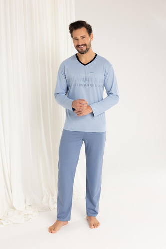 Бавовняна чоловіча піжама 495 Regina, блакитний, з довгим рукавом, класичний фасон