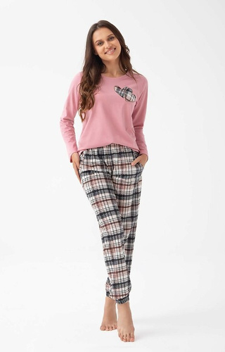 Luna 322 – жіноча бавовняна піжама, сердечка, довгий рукав, штани в клітинку