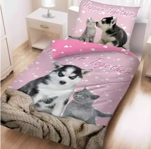 Комплект постільної білизни +торбина "Котик і песик" CD-0037BL Halantex,  - рожевий