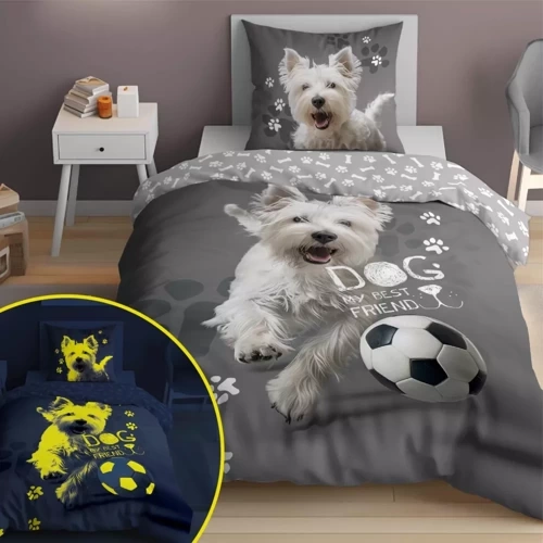 Комплект дитячої постільної білизни, що світиться в темряві 5205 A Fluo 40 Собачка з м'ячем Detexpol, - 100% бавовна