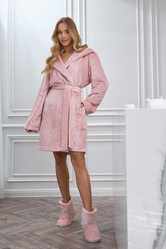 L&L 2601 Honey Короткий жіночий халат з капюшоном, м’який, на зав’язках, пудрово-рожевий
