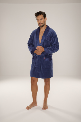Чоловічий велюровий халат De Lafense Noble 866 – короткий, елегантний - синій