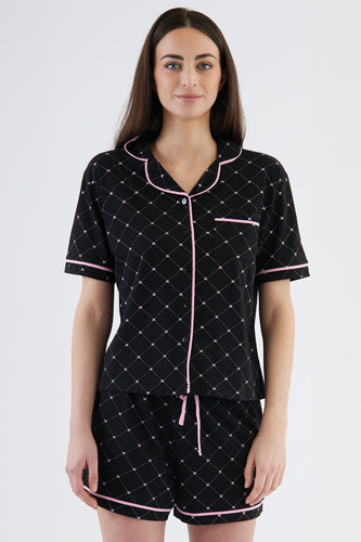 Жіноча піжама Coraline Sorbetto – чорна, бавовняна, з ґудзиками, короткими шортами та принтом