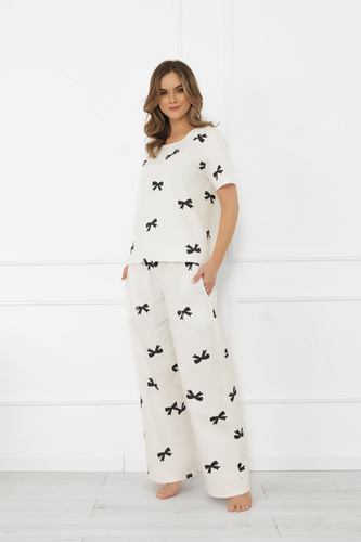 Піжама жіноча Figaro Italian Fashion, - екрю, короткий рукав + штани, бавовна, з бантиками