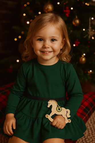 Бавовняна сукня для дівчинки Merry Christmas Mamatti – пляшково-зелена, з довгим рукавом