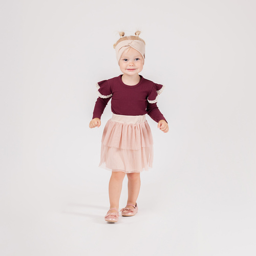 217138 Бавовняна блузка Nicol Alisa – бордова, довгий рукав, рюші з мереживом