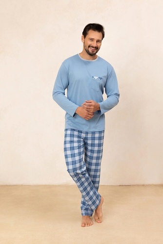 Бавовняна чоловіча піжама 488 Regina, блакитний —  з довгим рукавом, класичний фасон, в клітинку