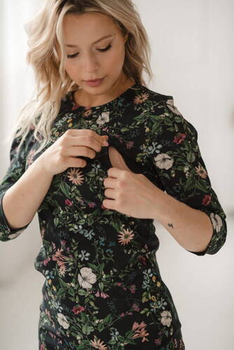 Сукня для грудного годування Milky Classic Milk&Love рукав 3/4, - чорна в квіти