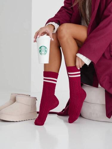 Жіночі шкарпетки 1542-001 Warkocz Milena, -  бордовий, узор "коса", бавовна