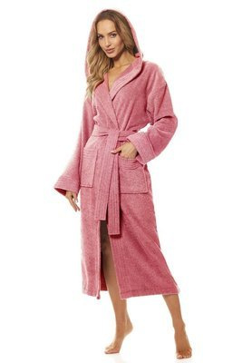 овгий махровий халат жіночий 2102 Frotte L&L - пудрово-рожевий, бавовна, з капюшоном
