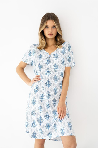 Jazmin Sensis нічна сорочка з віскози, V-виріз біло-блакитна, на ґудзиках