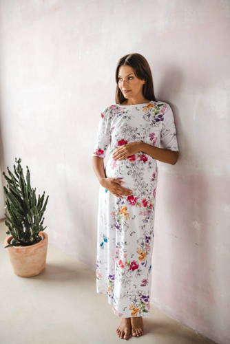 Сукня для вагітних і годуючих жінок Two Ways LONG Milk&Love, - білий/кольорові квіти