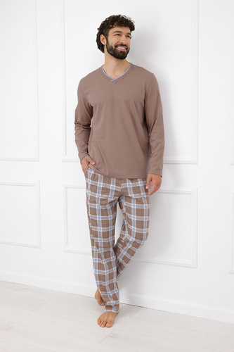 Italian Fashion Dante чоловіча бавовняна піжама, довгі штани в клітинку - капучино