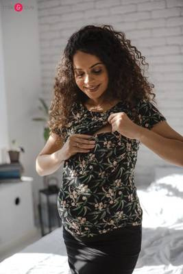 Футболка для вагітних та годуючих Milk Shirt Milk&Love, - чорна в листя