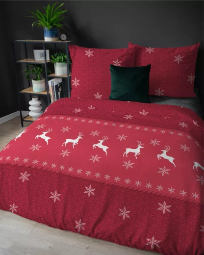 5621 A Magia Świąt Фланелева постільна білизна Detexpol, - чорвона, бавовна, 160гр/м.кв., олені і сніжинки, на блискавці