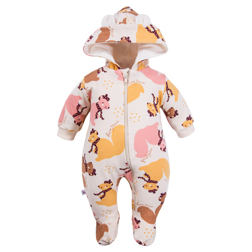 Дитячий комбінезон Eevi Fluffy Tails – Екрю, дресовий, зі стопами, з капюшоном і осіннім принтом