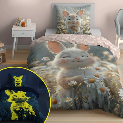 5548 A Fluo 95 Постільна білизна, що світиться у темряві  Detexpol, — зайчик у квітах, 100% бавовна