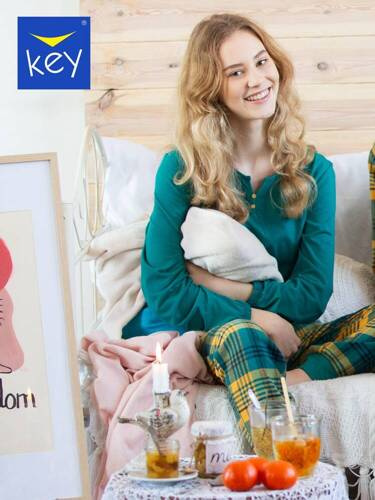 Піжама жіноча LNS 410 Фланель Key - зелений/клітинка