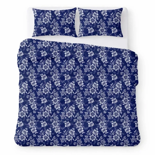 Бавовняна постіль з крепу комплект дихаюча тканина без прасування navy blue with white flowers