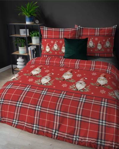 5622 A Magia Świąt Фланелева постільна білизна Detexpol, - червона, бавовна в клітинку, 160гр/м.кв., гноми, на блискавці