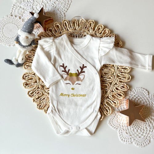 Дитяче боді на запах з довгим рукавом 23BD02 Merry Christmas Body Mamatti - екрю