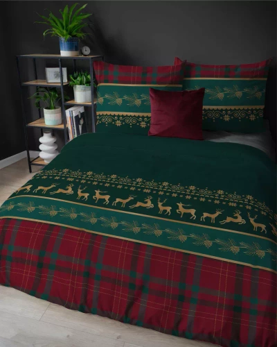 5620 A Magia Świąt Фланелева постільна білизна Detexpol, - зелена, бавовна, 160гр/м.кв., з оленями, на блискавці