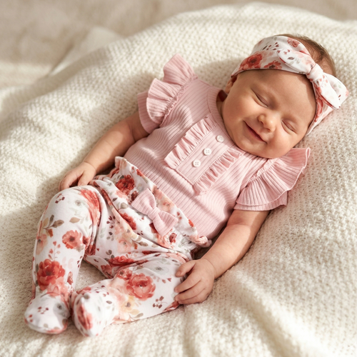 ABK-0056 Комплект для немовлят NINI Roses з органічної бавовни: боді, пов’язка, напівповзунки