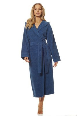 Довгий махровий халат жіночий 2102 Frotte L&L - navy, бавовна, з капюшоном