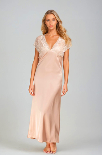 Сатинова нічна сорочка Mactan Kalimo, – довга жіноча сорочка з мереживом, колір nude