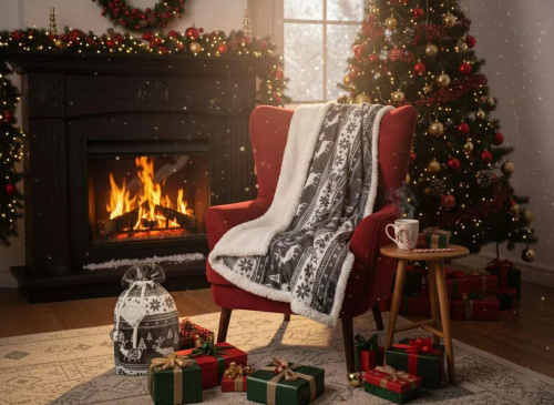 Різдвяний плед SACO 150x200 – м’який і теплий, із оленями та ялинками