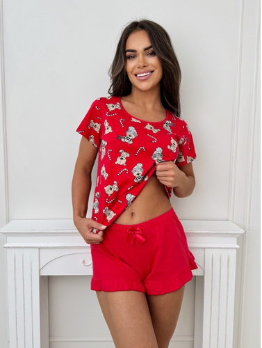 Жіноча бавовняна піжама Bear Short Donna – новорічний принт, короткі шорти