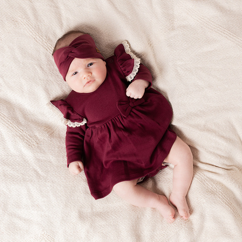 217160 Сукня-боді Nicol Alisa – бордова, довгий рукав, з бантом і рюшами