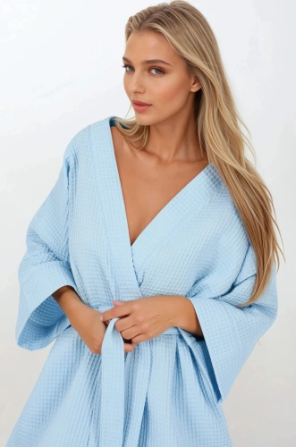 Жіночий вафельний халат з бавовни Blue Lady Momenti Per Me - широкі рукави 3/4, - блакитний