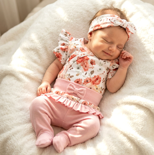 ABK-0055 Комплект для немовлят NINI Roses з органічної бавовни боді, напівповзунки, пов’язка