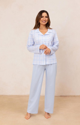 Жіноча піжама 727 Reginа, блакитний – 100% бавовна, сорочка в клітинку на ґудзиках, штани