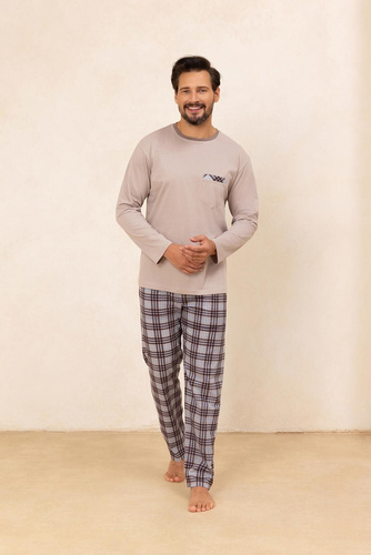 Бавовняна чоловіча піжама 488 Regina, бежевий —  з довгим рукавом, класичний фасон, в клітинку