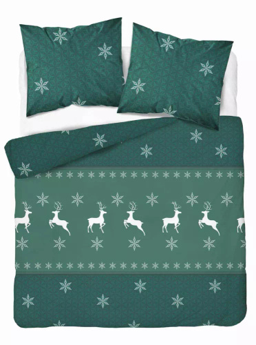 5621 B Magia Świąt Фланелева постільна білизна Detexpol, - зелена, бавовна, 160гр/м.кв., з оленями і сніжинками, на блискавці