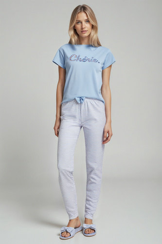Жіноча піжама Juliana Sorbetto – бавовняна, з вишивкою та смугастими штанами