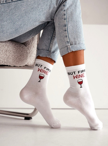 Жіночі бавовняні шкарпетки Milena 0200-240 But First Wine– зручні, у рубчик white