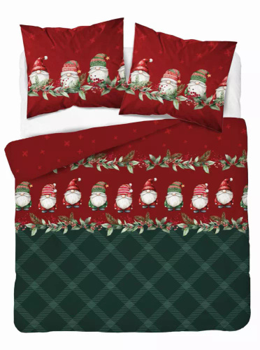 5618 В Magia Świąt Фланелева постільна білизна Detexpol, - бордово-зелена, бавовна, 160гр/м.кв., гноми, на блискавці
