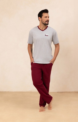 Бавовняна чоловіча піжама Regina 498 — футболка V-подібний виріз + довгі штани сірий