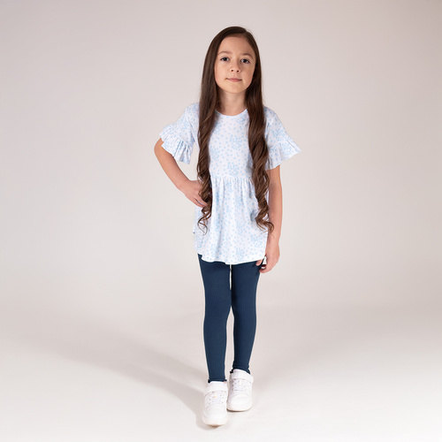 141524 Дівочі легінси з рюшею з рубчастої бавовни. Темно-сині, м’які, зручні. Польське виробництво – ідеально для садочка чи прогулянки.